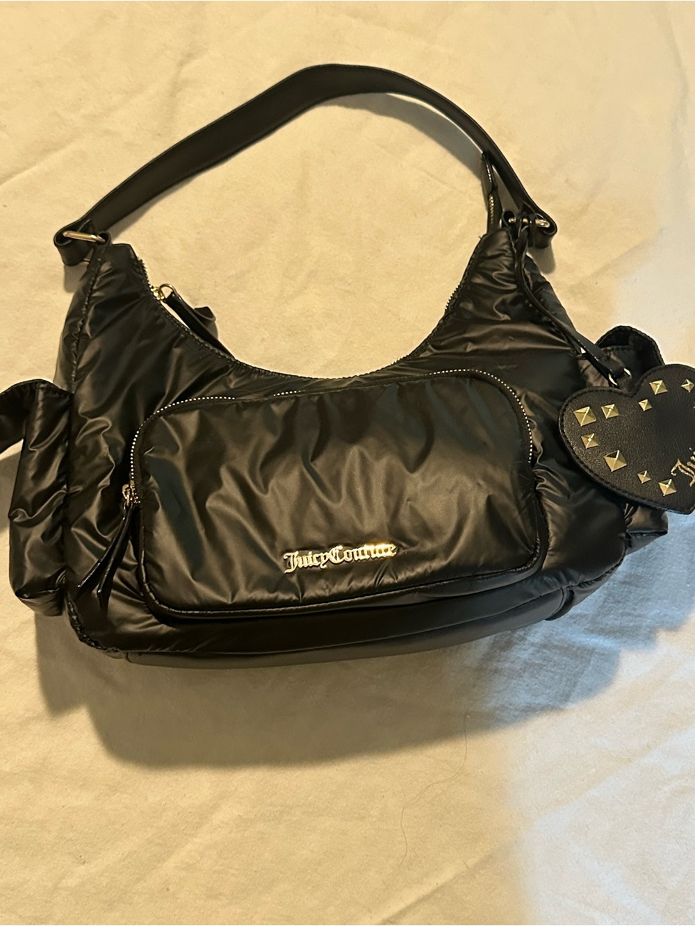 Juicy Couture Black Nylon Shoulder Bag with Heart Charm